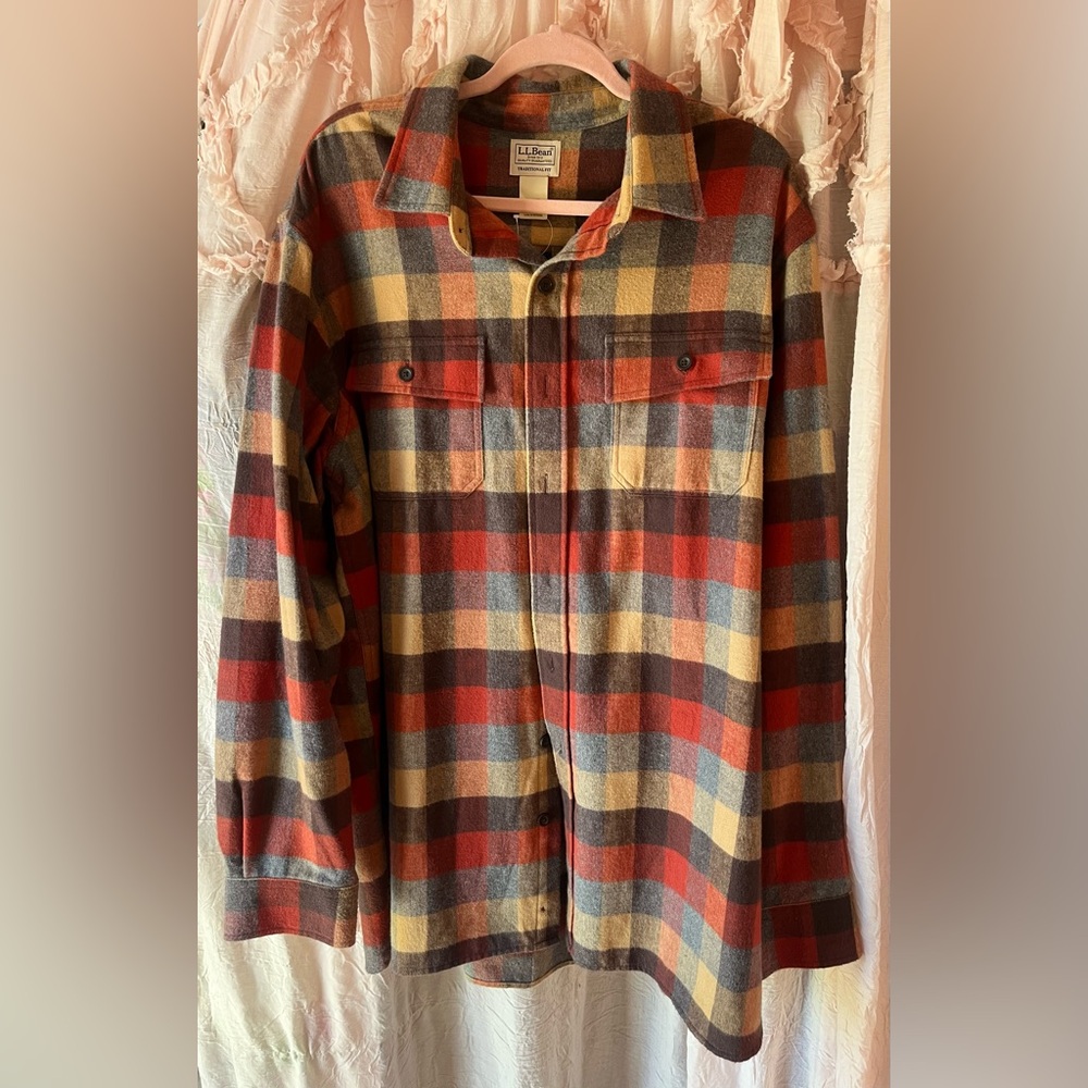 L.L. Bean Chamois Plaid Flannel Shirt Jacket — Rust, Mustard, Gray XL Tall